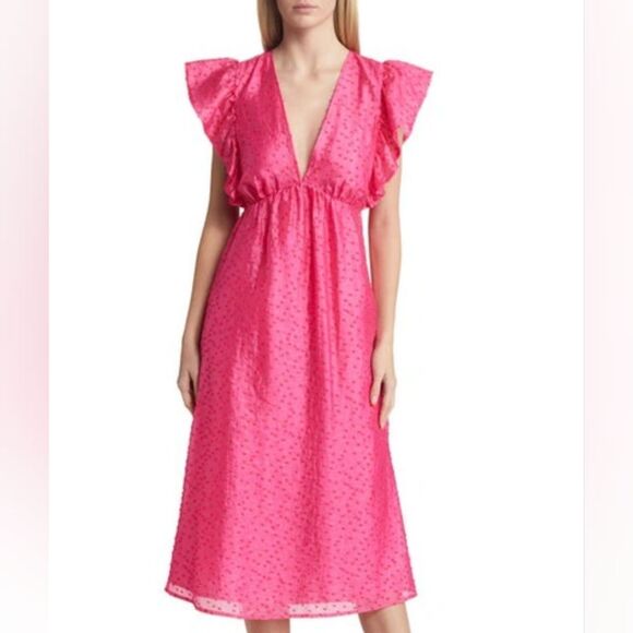 Chelsea28 Hot Pink Ruffle Cap Sleeve Deep V-Neck Organza Midi Dress Medium - Picture 1 of 8